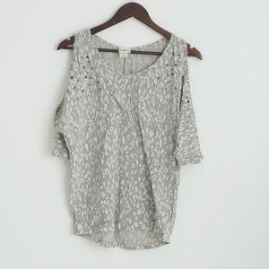 NWOT Grey Leopard Print Cold Shoulder Top Size Small